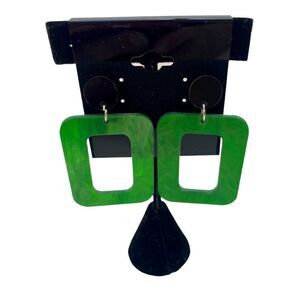 Green & Black Elongated Rectangular Drop Earrings.